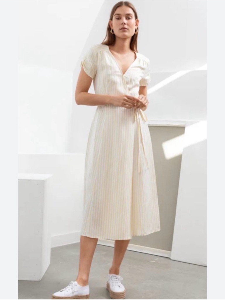 & Other Stories Cream Striped Wrap Short Sleeve Linen Blend Midi Dress Size 4